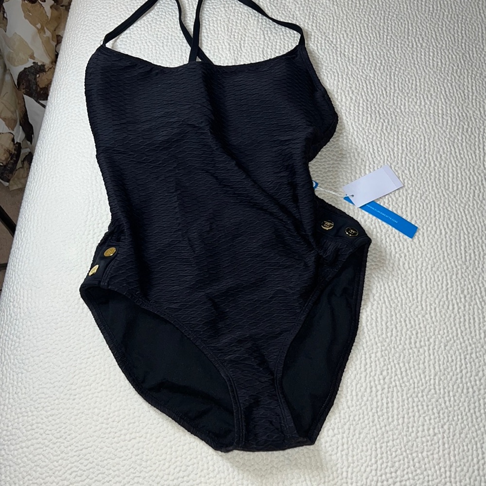 BLEU ROD BEATTIE ONE PIECE BLACK TEXTURED UNDERWIRE SWIMSUIT SZ 10